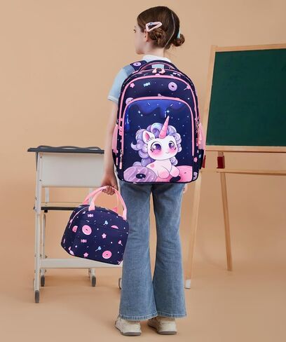 Kimwadalh Girls Backpack with Lunch Box Pencil Case for Elementary School, 3 in 1 Schoolbag with Chest Strap for School Girls in Saudi Arabia