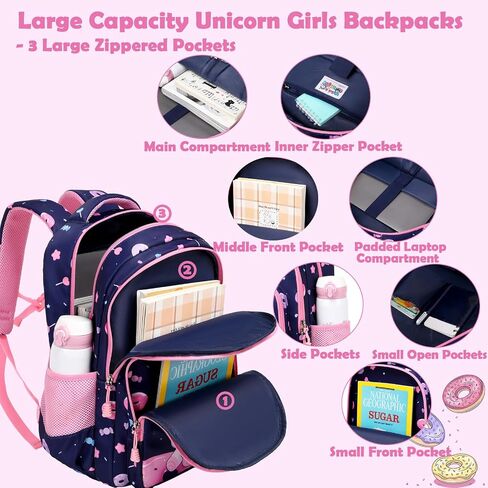 Kimwadalh Girls Backpack with Lunch Box Pencil Case for Elementary School, 3 in 1 Schoolbag with Chest Strap for School Girls in Saudi Arabia