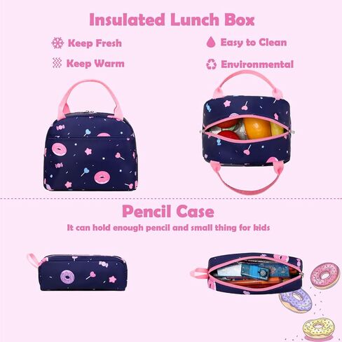 Kimwadalh Girls Backpack with Lunch Box Pencil Case for Elementary School, 3 in 1 Schoolbag with Chest Strap for School Girls in Saudi Arabia