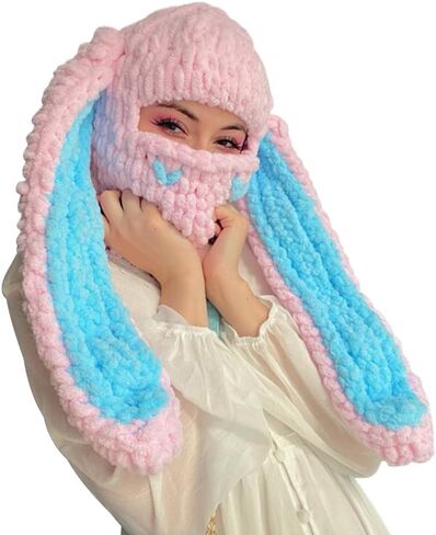 Thickened Crochet Knit Balaclava Hat for Women Girls, Funny Long Bunny Ears Beanie Hat with Scarf Mask Thermal Headwear in Kuwait