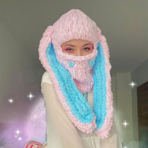 Thickened Crochet Knit Balaclava Hat for Women Girls, Funny Long Bunny Ears Beanie Hat with Scarf Mask Thermal Headwear in Kuwait