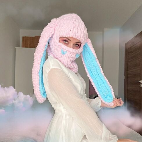 Thickened Crochet Knit Balaclava Hat for Women Girls, Funny Long Bunny Ears Beanie Hat with Scarf Mask Thermal Headwear in Kuwait