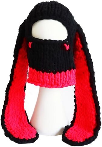 Thickened Crochet Knit Balaclava Hat for Women Girls, Funny Long Bunny Ears Beanie Hat with Scarf Mask Thermal Headwear in Kuwait