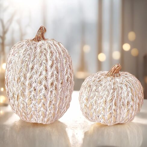 2 PCS Fall Pumpkin Decor, Gold Resin Pumpkin Figurines, Fall Decorations for Home, Rustic Farmhouse Neutral Artificial Pumpkin Statues for Thanksgiving, Table Centerpieces, Autumn, Harvest (Textured) in Saudi Arabia