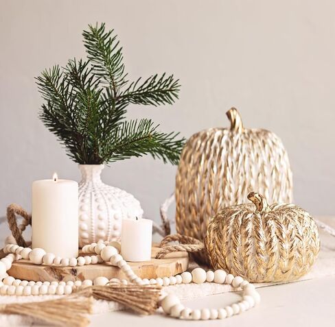 2 PCS Fall Pumpkin Decor, Gold Resin Pumpkin Figurines, Fall Decorations for Home, Rustic Farmhouse Neutral Artificial Pumpkin Statues for Thanksgiving, Table Centerpieces, Autumn, Harvest (Textured) in Saudi Arabia