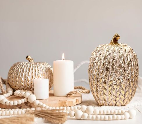 2 PCS Fall Pumpkin Decor, Gold Resin Pumpkin Figurines, Fall Decorations for Home, Rustic Farmhouse Neutral Artificial Pumpkin Statues for Thanksgiving, Table Centerpieces, Autumn, Harvest (Textured) in Saudi Arabia