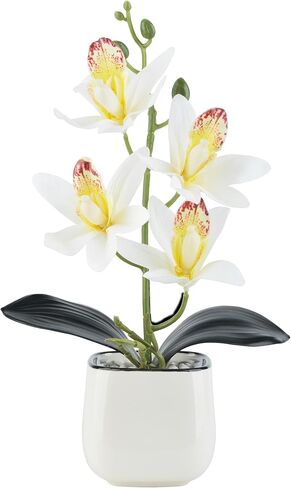 زهور الأوركيد الاصطناعية مع مزهرية سيراميك بيضاء - نباتات صناعية صغيرة مقاس 11.8 بوصة في الداخل، Orquideas Artificiales para Decoracion، أوركيد حريري لديكور المنزل والمكتب والحمام (وردي) in Kuwait
