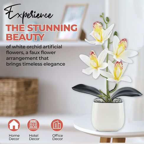 زهور الأوركيد الاصطناعية مع مزهرية سيراميك بيضاء - نباتات صناعية صغيرة مقاس 11.8 بوصة في الداخل، Orquideas Artificiales para Decoracion، أوركيد حريري لديكور المنزل والمكتب والحمام (وردي) in Kuwait