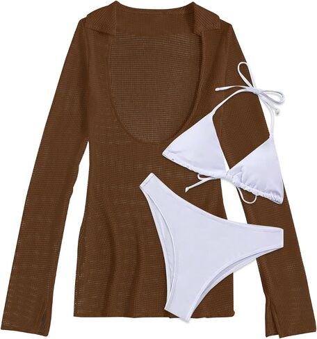 Lilosy Sexy Long Sleeve Mesh Swimsuit 3 Pieces Cover Up Bikini Set in Saudi Arabia