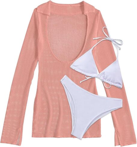 Lilosy Sexy Long Sleeve Mesh Swimsuit 3 Pieces Cover Up Bikini Set in Saudi Arabia