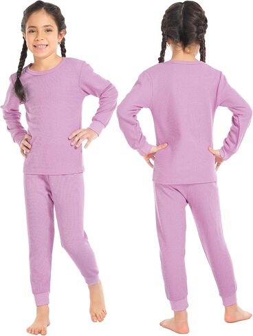 Resinta 3 Sets Girls Waffle Thermal Underwear Set Winter Waffle Cotton Thermal Top and Bottom Long Johns Warm Base Layer in Kuwait