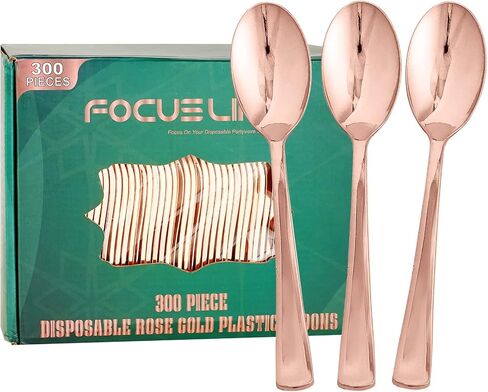 FOCUSLINE 300 Pack 6.8" Disposable Silver Plastic Spoons, Solid and Durable Plastic Cutlery Spoons, Heavy Duty Disposable Utensil Silverware for Catering, Parties, Dinners, Weddings in Kuwait
