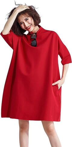 LAI MENG FIVE CATS Women's Casual 3/4 Sleeves Turtleneck Oversized Loose Sweatshirt Fashion Pullover Dress in Saudi Arabia