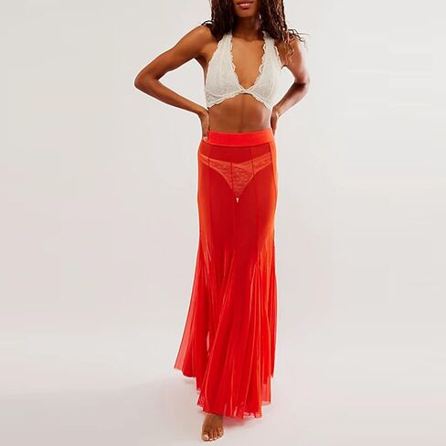 المرأة بقماش شفاف طويل تنانير طويلة عالية الخصر الصيف ملابس السباحة التستر انظر من خلال الشاطئ Flowy تنورة طويلة تول in Kuwait