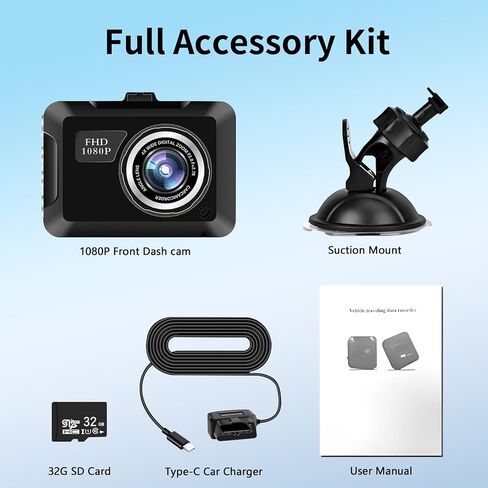 Dash Camera for Cars, Dash Cam 1080P Full HD Dual,32GB SD Card, Dashcam 170 Wide Angle 2.4"" LCD Display,Super Night Vision,G-Sensor, Parking Monitor,WDR,Loop Recording,Card Reader in Saudi Arabia