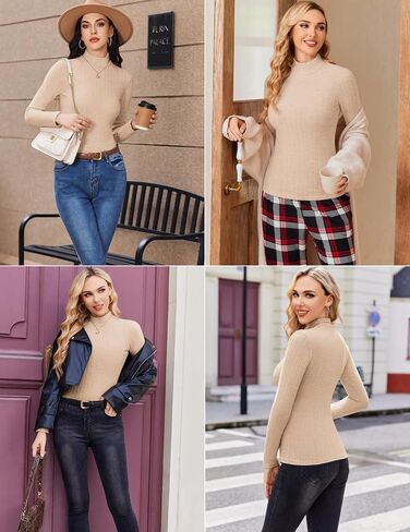 Ekouaer Women's Mock Turtleneck Long Sleeve Shirts Fall Ribbed Tops Fleece Basic Layering Soft Thermal Undershirts Tee in Saudi Arabia