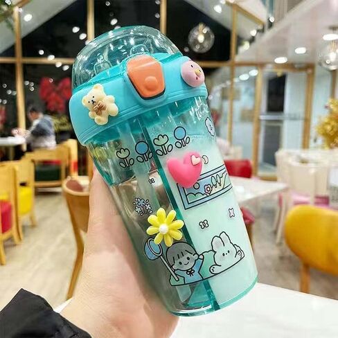 Kawaii Water Bottle Cute double compartment water bottle Couple Plastic Cup Straw Portable Bottle 15 oz（430ml） (yellow) in Saudi Arabia