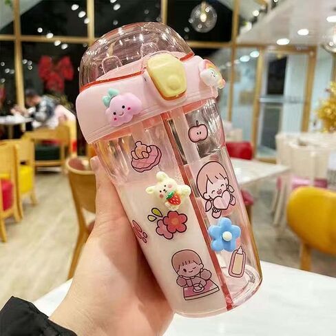 Kawaii Water Bottle Cute double compartment water bottle Couple Plastic Cup Straw Portable Bottle 15 oz（430ml） (yellow) in Saudi Arabia
