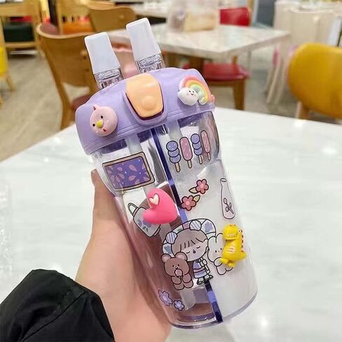 Kawaii Water Bottle Cute double compartment water bottle Couple Plastic Cup Straw Portable Bottle 15 oz（430ml） (yellow) in Saudi Arabia