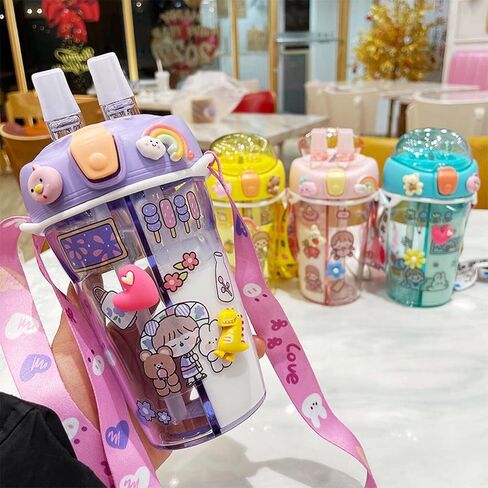Kawaii Water Bottle Cute double compartment water bottle Couple Plastic Cup Straw Portable Bottle 15 oz（430ml） (yellow) in Saudi Arabia