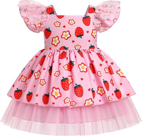 AWIBMK Kids Girls Strawberry Ruffle Tulle Dress Birthday Party Dresses Lace Flutter Sleeve Square Neck Cake Smash Outfits in Kuwait