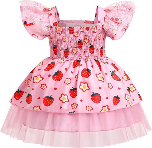 AWIBMK Kids Girls Strawberry Ruffle Tulle Dress Birthday Party Dresses Lace Flutter Sleeve Square Neck Cake Smash Outfits in Kuwait