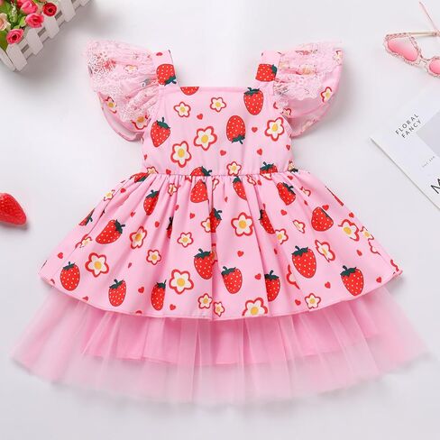AWIBMK Kids Girls Strawberry Ruffle Tulle Dress Birthday Party Dresses Lace Flutter Sleeve Square Neck Cake Smash Outfits in Kuwait