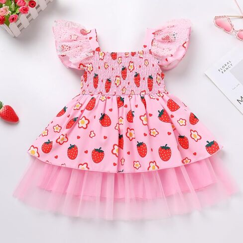 AWIBMK Kids Girls Strawberry Ruffle Tulle Dress Birthday Party Dresses Lace Flutter Sleeve Square Neck Cake Smash Outfits in Kuwait