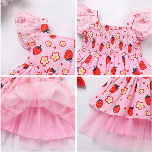 AWIBMK Kids Girls Strawberry Ruffle Tulle Dress Birthday Party Dresses Lace Flutter Sleeve Square Neck Cake Smash Outfits in Kuwait