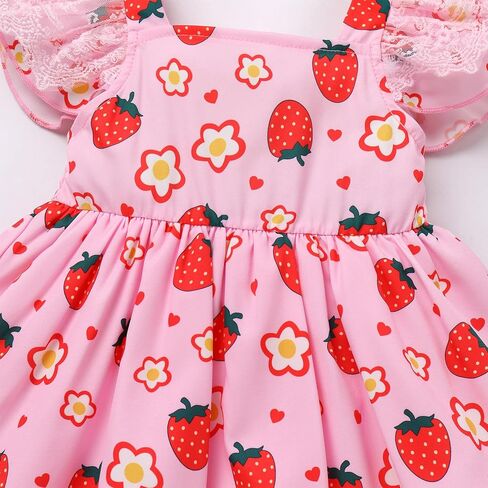 AWIBMK Kids Girls Strawberry Ruffle Tulle Dress Birthday Party Dresses Lace Flutter Sleeve Square Neck Cake Smash Outfits in Kuwait