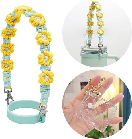 Water Bottle Handle Woven Flower Sling Holder Lanyard Compatible with Stanley Cup Waterbottle Sling Handmade in Kuwait