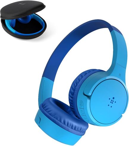 Belkin SoundForm Mini Kids Wireless Headphones w/Built-in Microphone, 30H of Playback Time, Fun Stickers, & Case - Over-Ear Headsets for Online Learning, School, iPhone, iPad, Galaxy, & More - Blue in Saudi Arabia