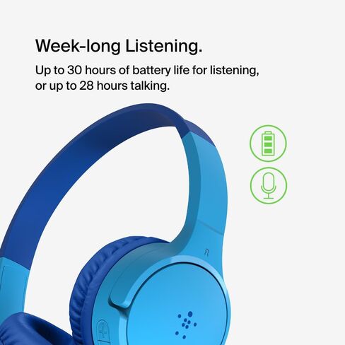 Belkin SoundForm Mini Kids Wireless Headphones w/Built-in Microphone, 30H of Playback Time, Fun Stickers, & Case - Over-Ear Headsets for Online Learning, School, iPhone, iPad, Galaxy, & More - Blue in Saudi Arabia