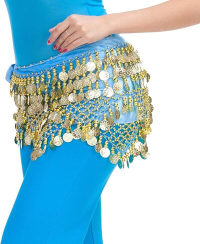 Women's Indian Dance Belly Dancing Hip Scarf Belt Skirt Accessories with Wave Gold Coins in Saudi Arabia