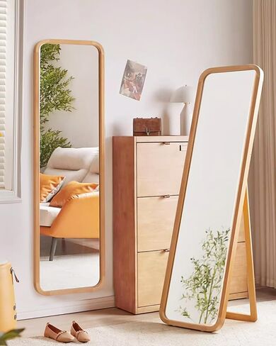 63"x18" Full Length Mirror, Floor Mirror, Rounded Corner Full Length Mirror with Stand, Standing Mirror, Full Body Mirror, Large Mirror, Freestanding, Wall Mounted, Beech Frame -Drak Brown in Saudi Arabia