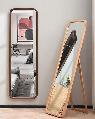 63"x18" Full Length Mirror, Floor Mirror, Rounded Corner Full Length Mirror with Stand, Standing Mirror, Full Body Mirror, Large Mirror, Freestanding, Wall Mounted, Beech Frame -Drak Brown in Saudi Arabia