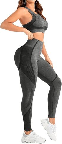 MakeMeChic Women's Two Piece Sports Workout Sets Sleeveless Seamless Racerback Crop Tops Leggings Tracksuit in Saudi Arabia