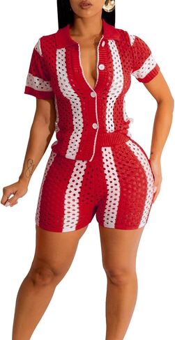 ZERMOM Women's Hollow Out Lapel Knit Set Short Sleeve 2 Piece Outfits Sweater Shorts Set Color Matching Set in Saudi Arabia