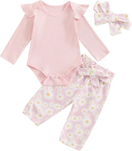 TheFound Infant Baby Girl Clothes Ruffled Ribbed Romper Daisy Print Pants Toddler Baby Clothes for Girls 3 6 12 18 24 Months in Saudi Arabia