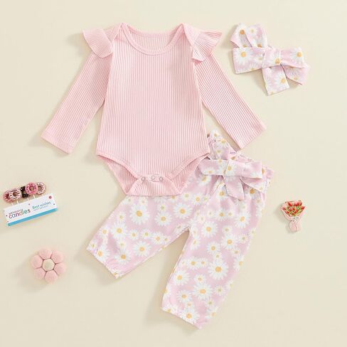 TheFound Infant Baby Girl Clothes Ruffled Ribbed Romper Daisy Print Pants Toddler Baby Clothes for Girls 3 6 12 18 24 Months in Saudi Arabia