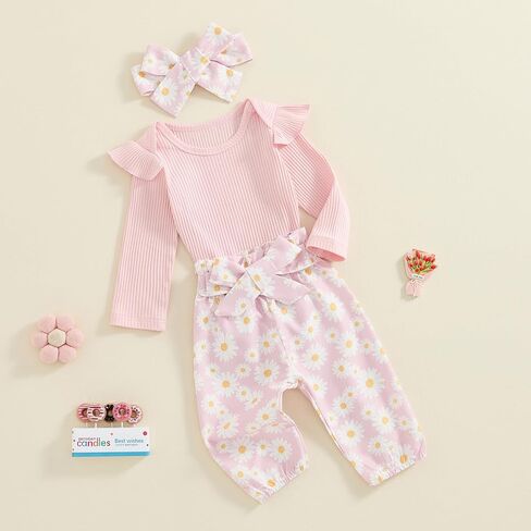 TheFound Infant Baby Girl Clothes Ruffled Ribbed Romper Daisy Print Pants Toddler Baby Clothes for Girls 3 6 12 18 24 Months in Saudi Arabia