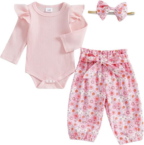 TheFound Infant Baby Girl Clothes Ruffled Ribbed Romper Daisy Print Pants Toddler Baby Clothes for Girls 3 6 12 18 24 Months in Saudi Arabia
