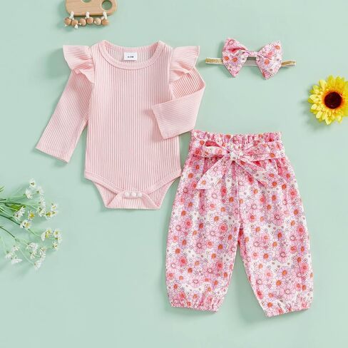 TheFound Infant Baby Girl Clothes Ruffled Ribbed Romper Daisy Print Pants Toddler Baby Clothes for Girls 3 6 12 18 24 Months in Saudi Arabia