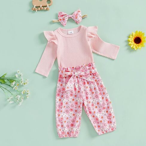 TheFound Infant Baby Girl Clothes Ruffled Ribbed Romper Daisy Print Pants Toddler Baby Clothes for Girls 3 6 12 18 24 Months in Saudi Arabia