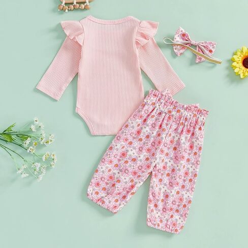 TheFound Infant Baby Girl Clothes Ruffled Ribbed Romper Daisy Print Pants Toddler Baby Clothes for Girls 3 6 12 18 24 Months in Saudi Arabia