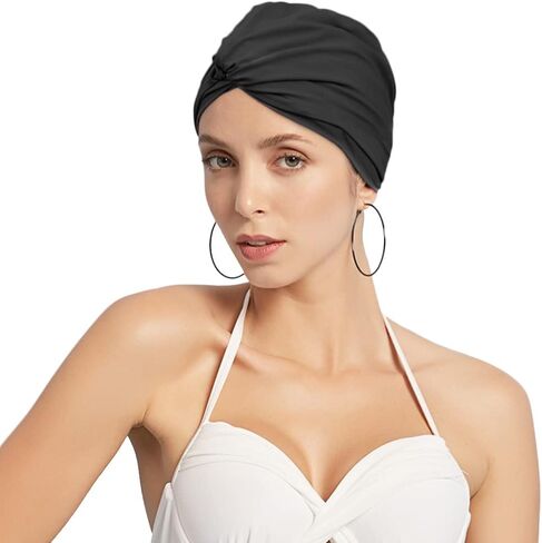 Women Pleated Fabric Swim Cap Elastic Long Curly Hair Bathing Cap Breathable Knotted Swimming Turban Non-Waterproof Swimming Hat Wrap in Saudi Arabia