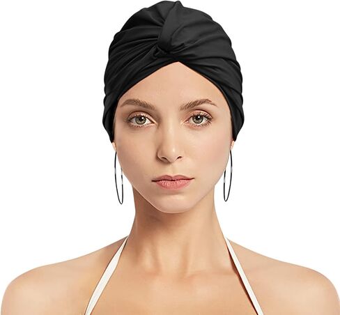 Women Pleated Fabric Swim Cap Elastic Long Curly Hair Bathing Cap Breathable Knotted Swimming Turban Non-Waterproof Swimming Hat Wrap in Saudi Arabia