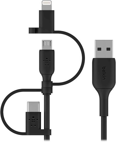 كابل Belkin 3 في 1 Universal USB-A - كابل USB-C، كابل Lightning، Micro-USB - شاحن شحن معزز لسلك الشحن مصمم لأجهزة Apple iPhone وiPad وGalaxy والكمبيوتر اللوحي والهواتف الذكية - أسود 3.3 قدم in Kuwait
