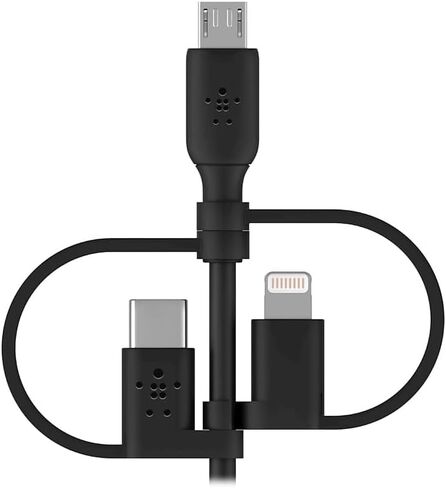 كابل Belkin 3 في 1 Universal USB-A - كابل USB-C، كابل Lightning، Micro-USB - شاحن شحن معزز لسلك الشحن مصمم لأجهزة Apple iPhone وiPad وGalaxy والكمبيوتر اللوحي والهواتف الذكية - أسود 3.3 قدم in Kuwait