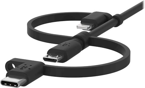 كابل Belkin 3 في 1 Universal USB-A - كابل USB-C، كابل Lightning، Micro-USB - شاحن شحن معزز لسلك الشحن مصمم لأجهزة Apple iPhone وiPad وGalaxy والكمبيوتر اللوحي والهواتف الذكية - أسود 3.3 قدم in Kuwait
